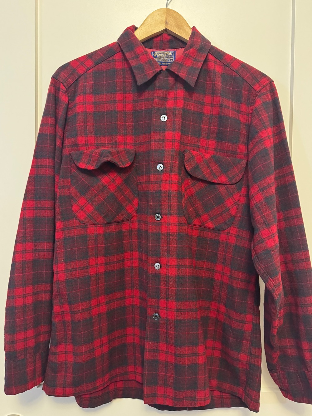 70’s Pendleton Board Shirt Wool Loop Collar Red Plaid Flannel Tartan M Vintage